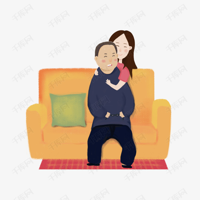 手绘卡通父女俩坐沙发元素设计