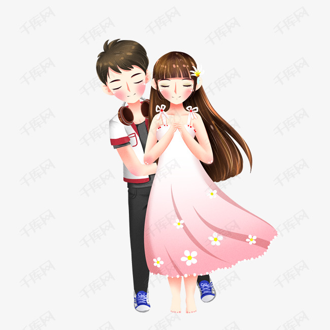 七夕情人节小清新年轻情侣相拥png透明底千库原创素材