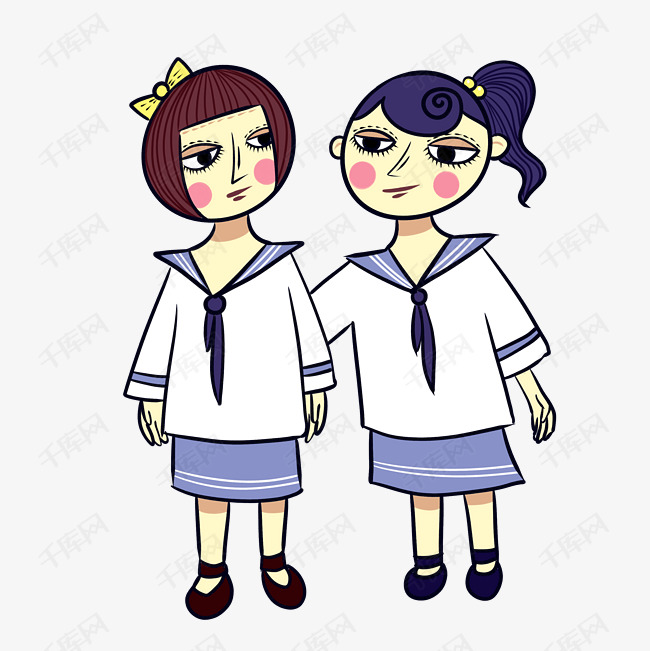 手绘矢量卡通可爱穿校服的学生女生开学日开学啦