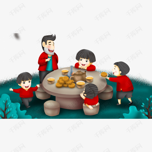 免抠卡通中秋节一家人团圆吃月饼