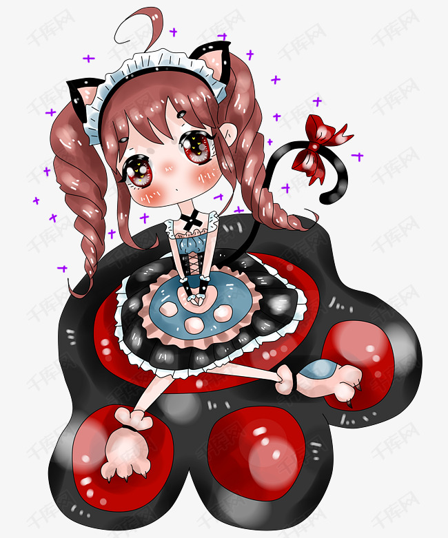 动漫厚涂手绘暗黑系小猫女仆装咖啡厅插画png