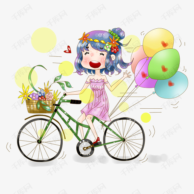 动漫手绘原创唯美骑绿色自行车出游的女生插画png