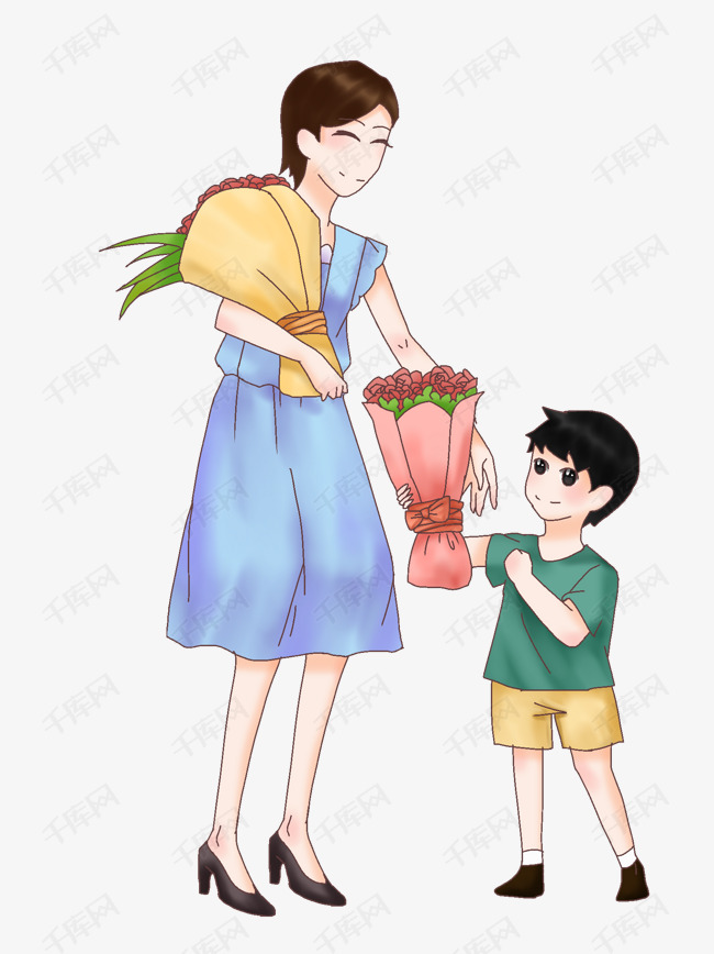 卡通教师节学生送花给老师插画