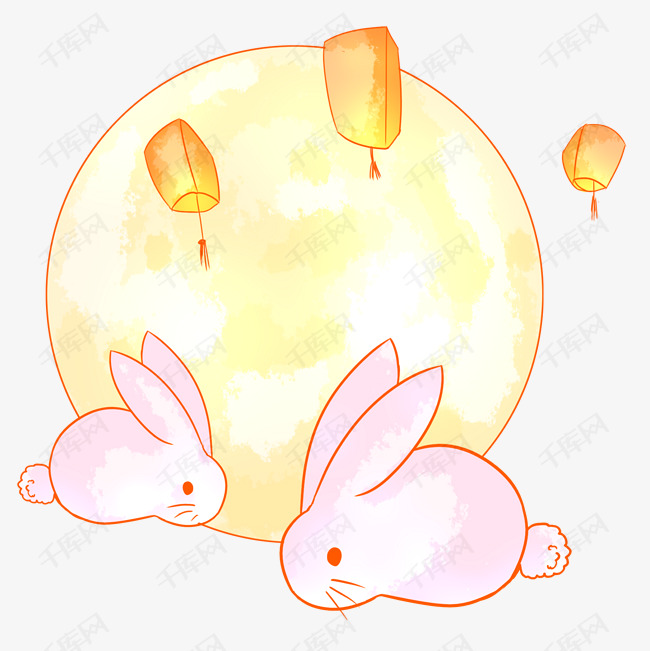 手绘月圆花灯兔子插画