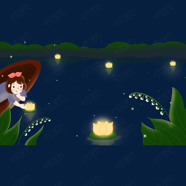 中秋节放河灯主题插画边框