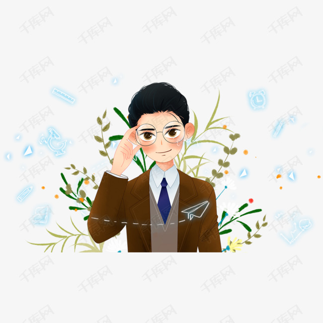 免抠卡通手绘教师节花丛里的男老师