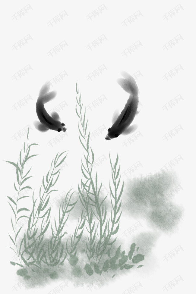 手绘水墨国画双鱼插画