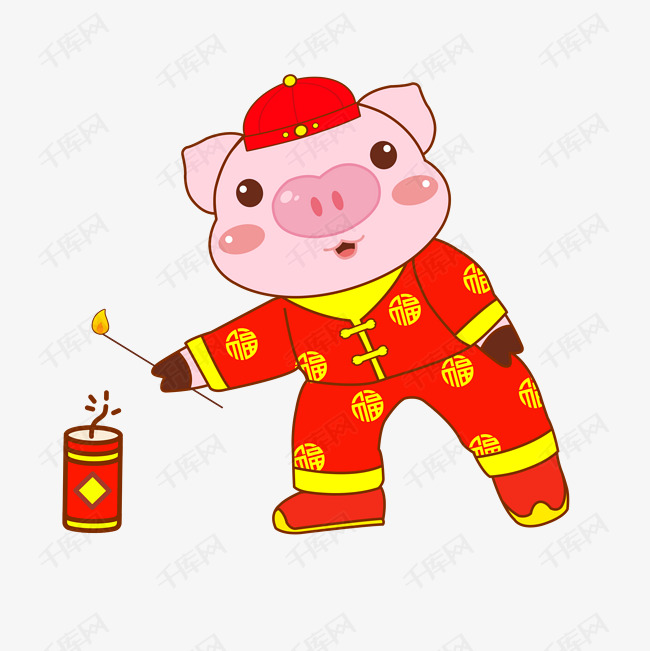 2019手绘卡通放鞭炮猪年形象
