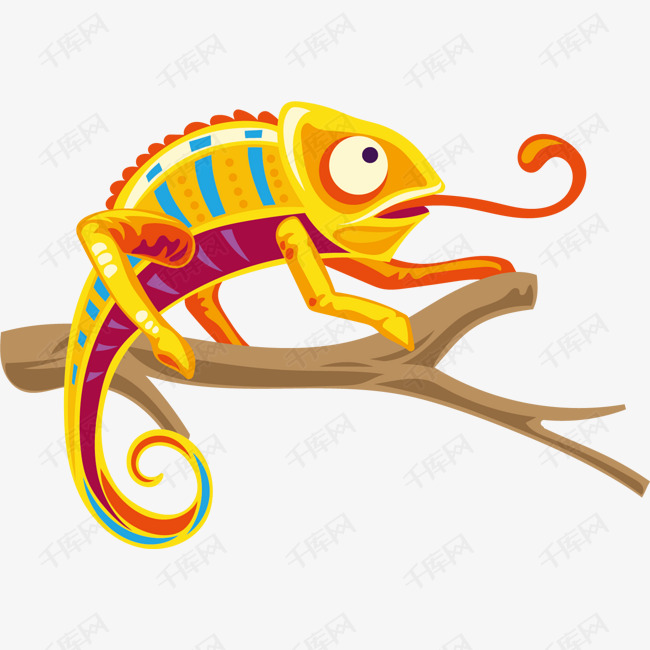 捕食昆虫矢量变色龙的素材免抠捕食的变色龙蜥蜴动物捕食黄色条纹风格