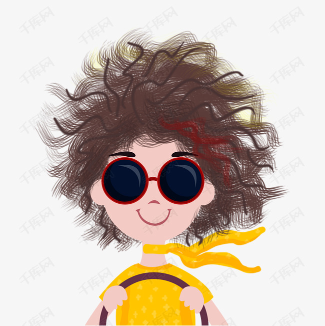 时尚穿搭可爱女孩墨镜卷发丝巾手绘插画psd