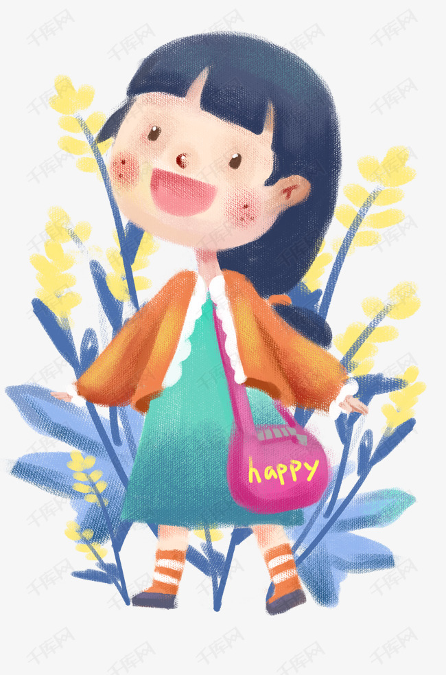 水彩女孩开心去上学插画
