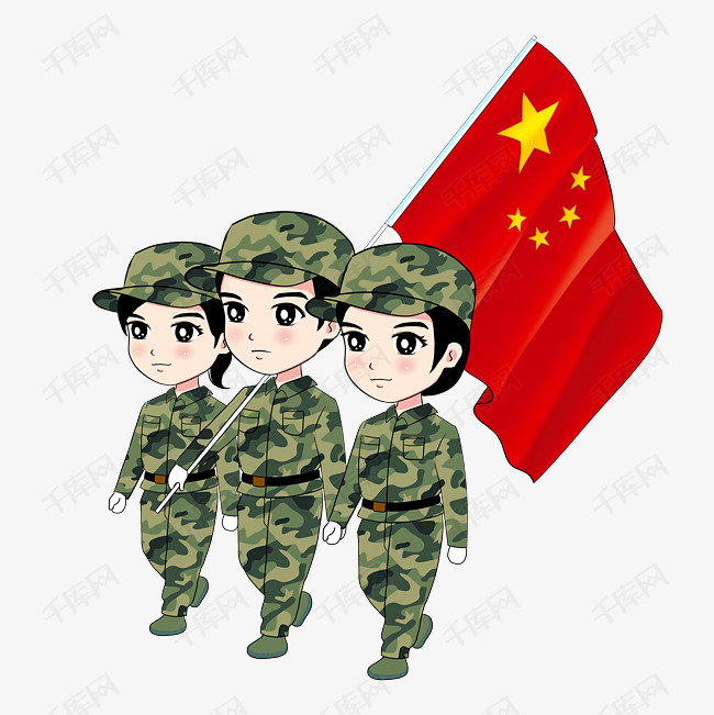 手绘军训拿旗卡通人物