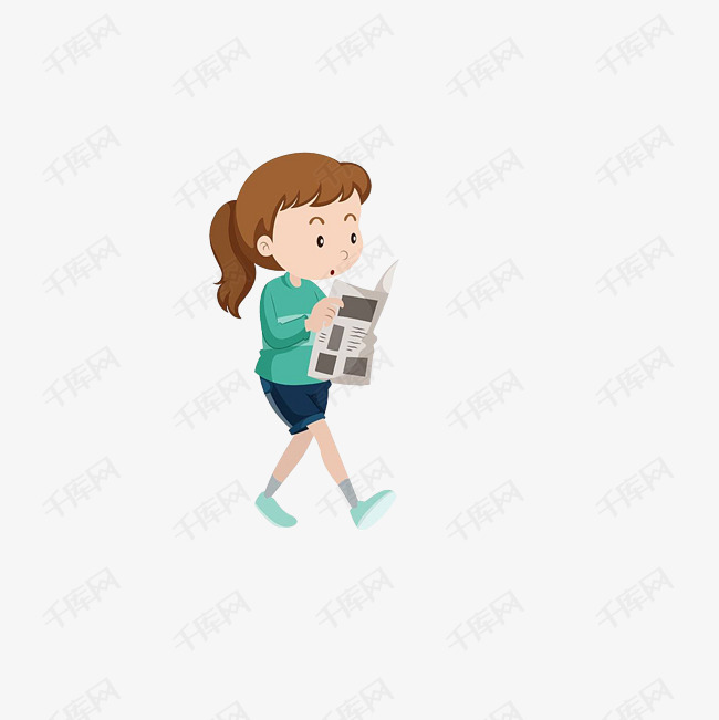 卡通走路看报纸的女孩素材