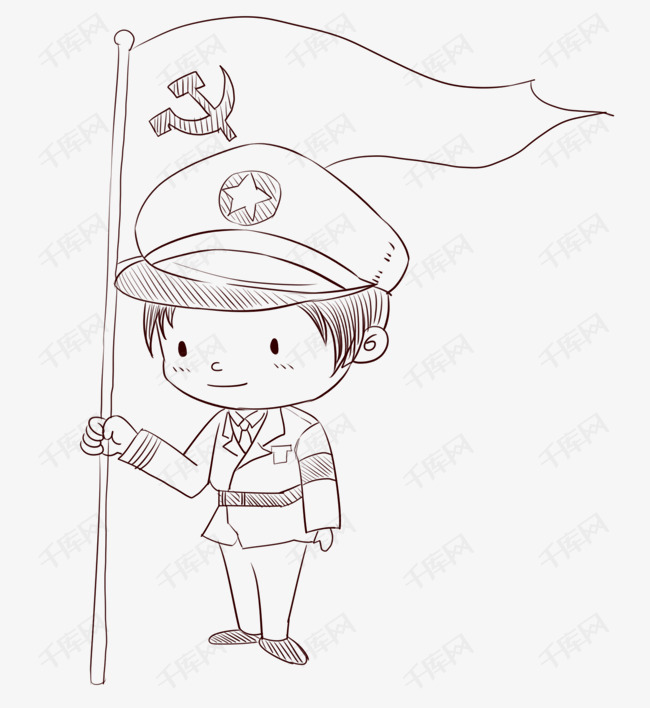 手绘线描军人党旗插画
