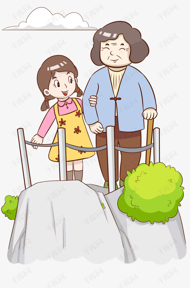 孙女陪奶奶观赏菊花插画