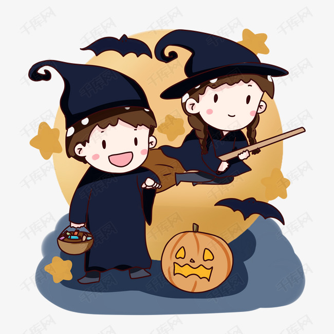 手绘卡通万圣节捣蛋小孩
