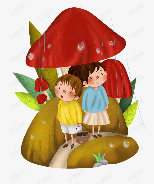 秋游手绘蘑菇下避雨的女孩