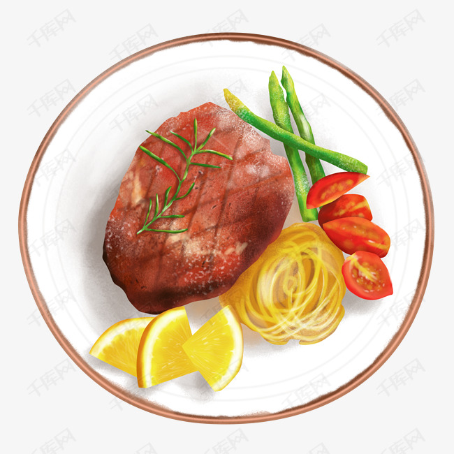 手绘美食插画西餐牛排