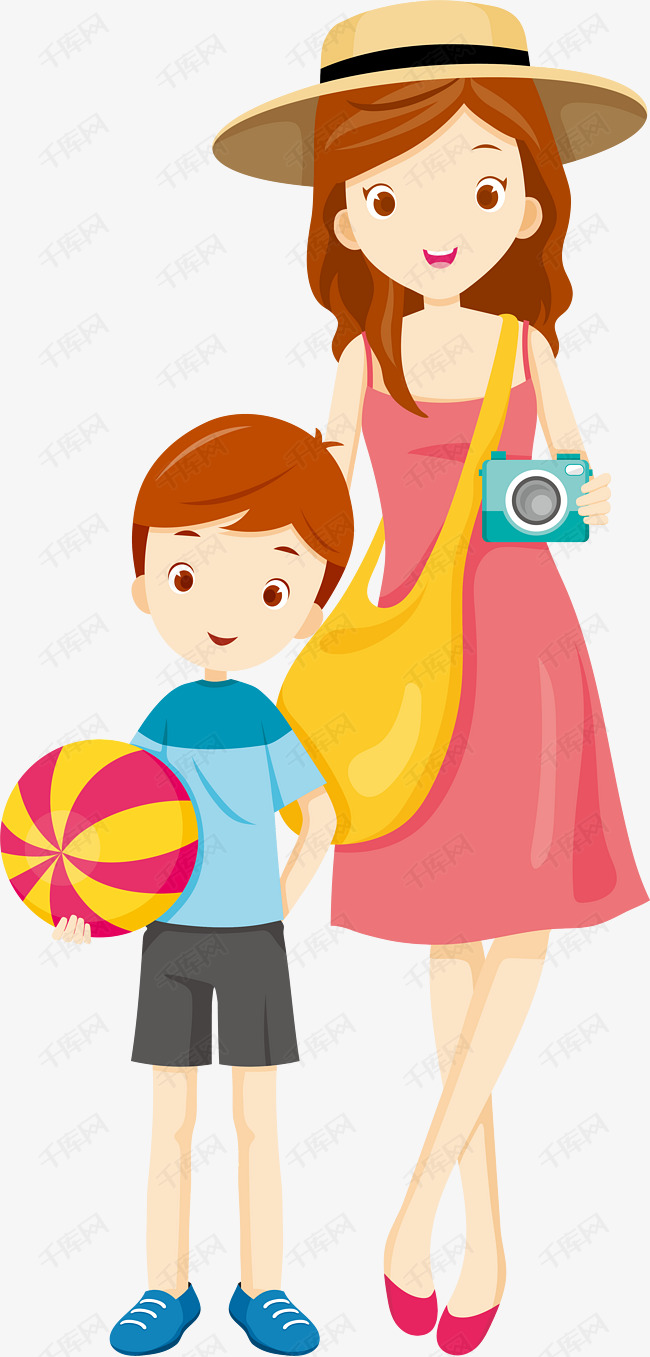 妈妈和儿子出游的素材免抠手绘卡通人物妈妈和儿子出游夏日出游照相机