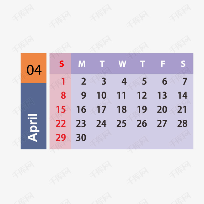 蓝红色2019年4月日历素材图片免费下载_高清
