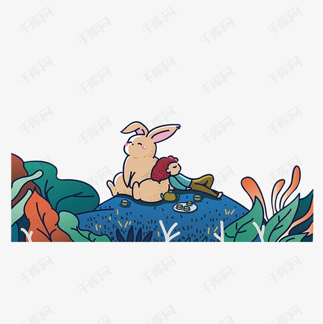 卡通躺在草坪上赏月的兔子和小孩素材