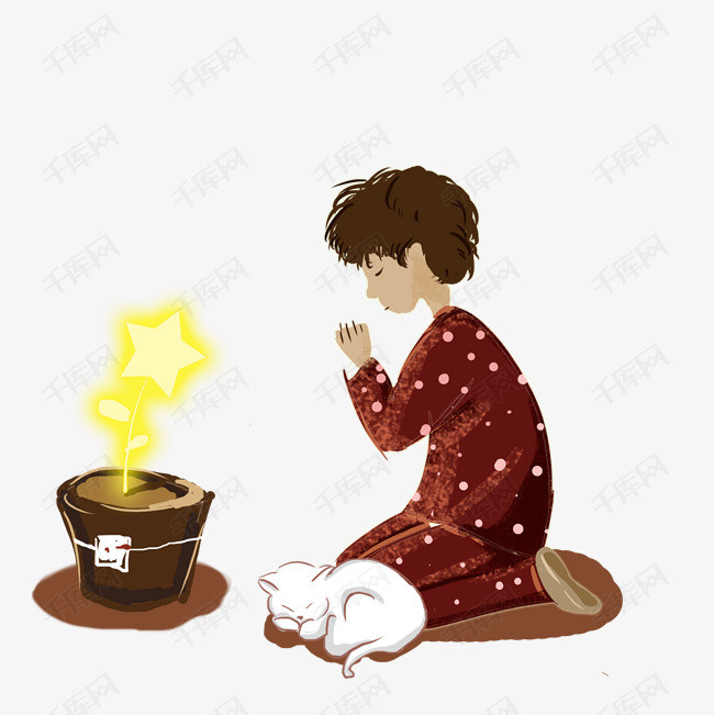 卡通手绘许愿的男孩