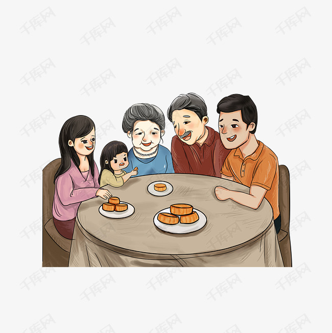 卡通中秋团圆的一家人素材的素材免抠中秋节中秋团圆吃月饼一家五口