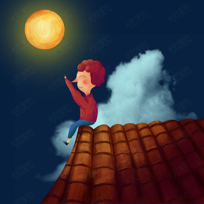 中秋节手绘贺中秋卡通插画小孩月亮兔子月饼素材