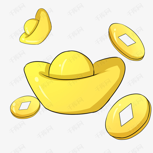 金银财宝元宝铜钱插画的素材免抠招财进宝金银财宝元宝大气手绘插画