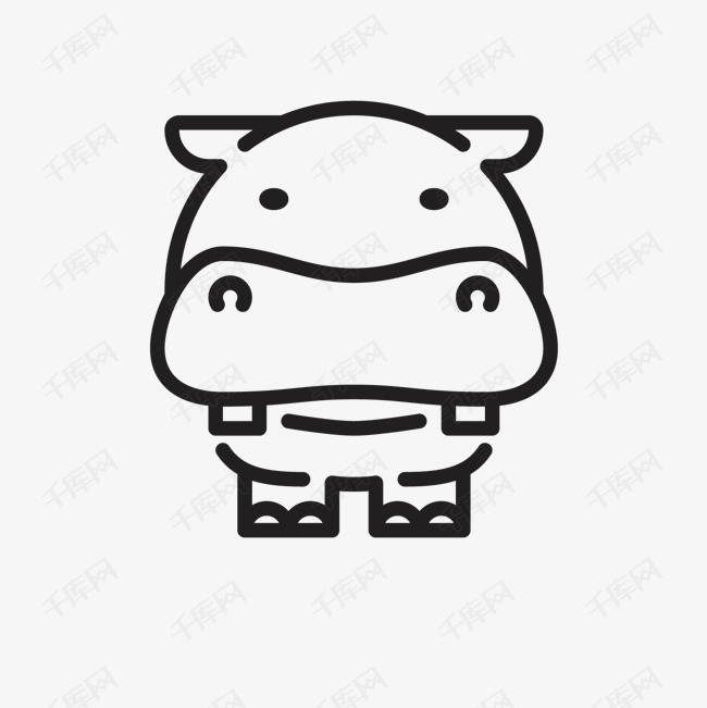河马的可爱线条手绘的素材免抠正面河马大嘴巴牙齿可爱卡通