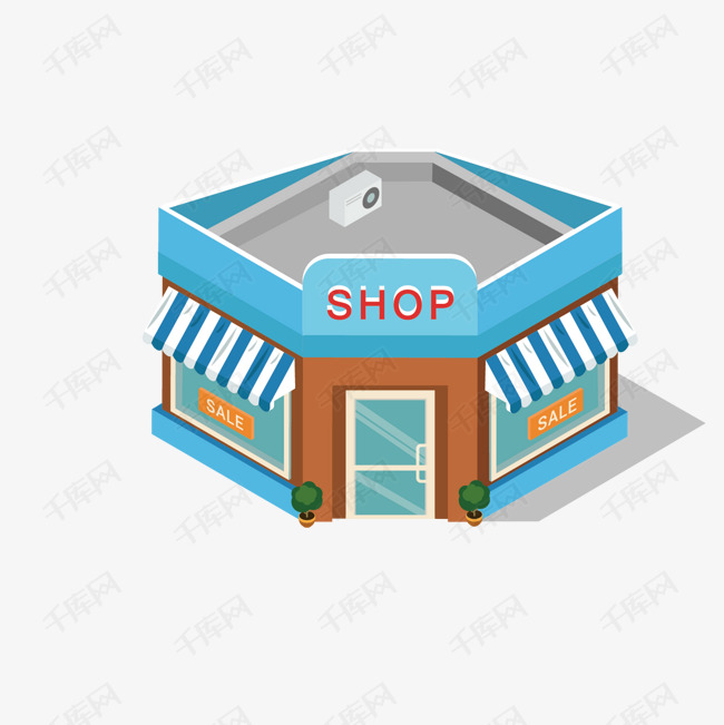 可爱蓝色便利店矢量的素材免抠英文玻璃门推拉门立体高端模型