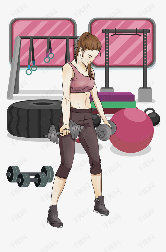 健身运动女性哑铃训练插画的素材免抠健身馆体重健康健身哑铃女孩