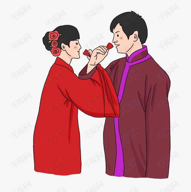 婚礼季身穿中式礼服的新人开心喝交杯酒