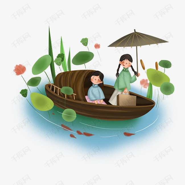 民国风坐船游湖的少女