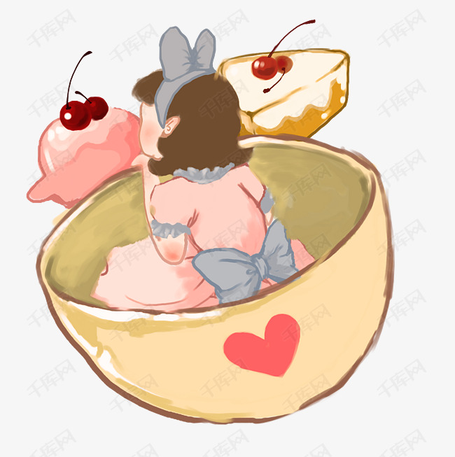 美食主题梦幻蛋糕女孩卡通插画