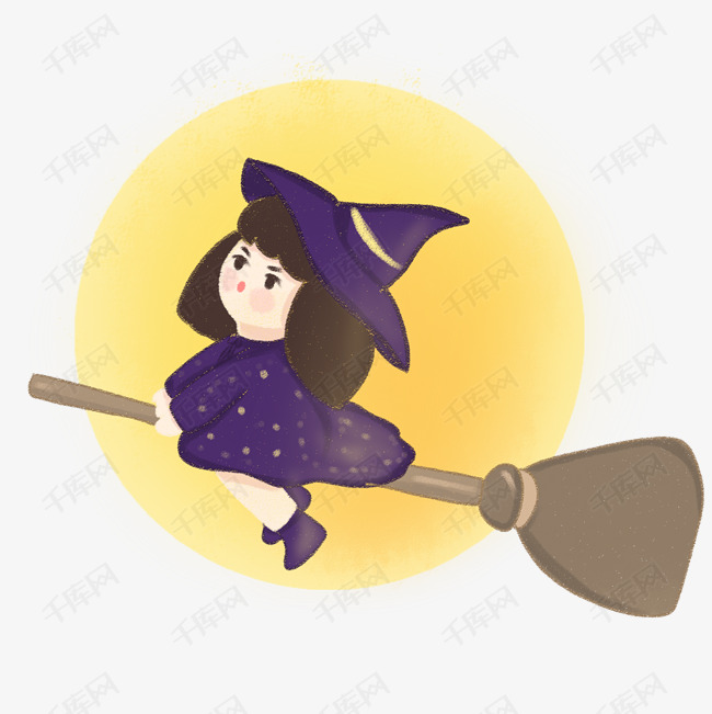 卡通手绘万圣节扫帚女巫