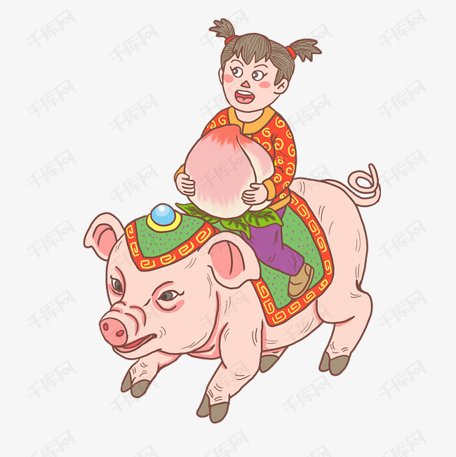 猪年2019年卡通手绘女娃骑猪