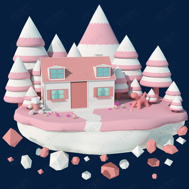 粉色梦幻3d卡通小房子立体c4d