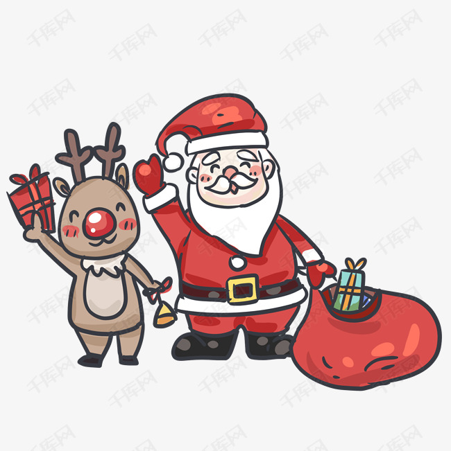 圣诞节圣诞老人与鹿开心派礼物卡通手绘素材
