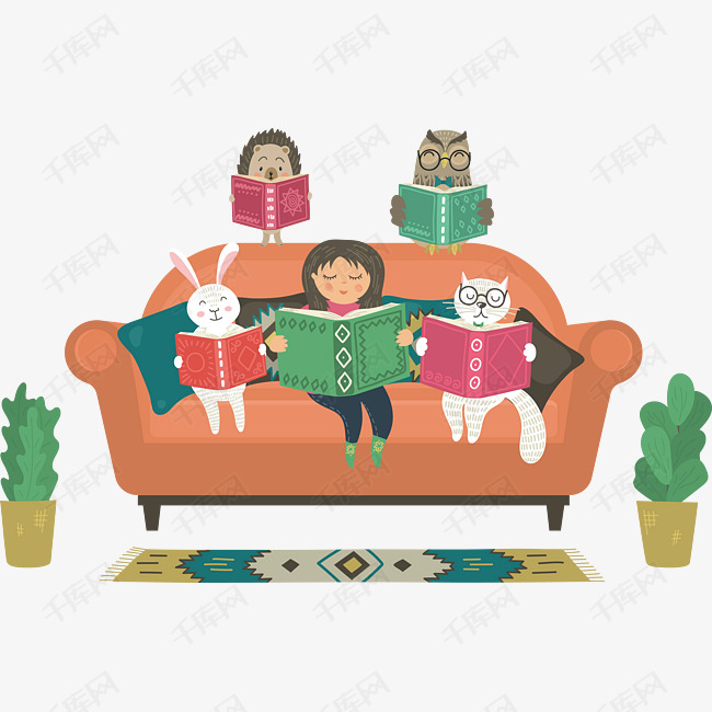 坐在沙发上看书的小动物