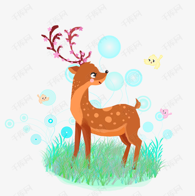 卡通手绘梅花鹿与小鸟免抠png