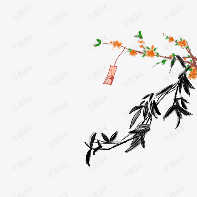 古风手绘梅花竹叶素材免抠