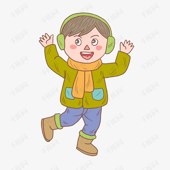 冬季冬日奔跑男孩卡通手绘