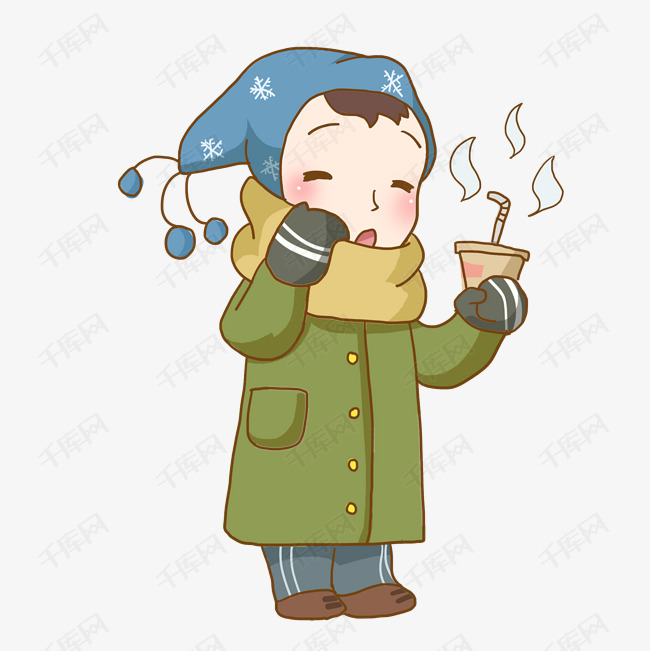 冬季卡通人物保暖喝奶茶免抠png素材