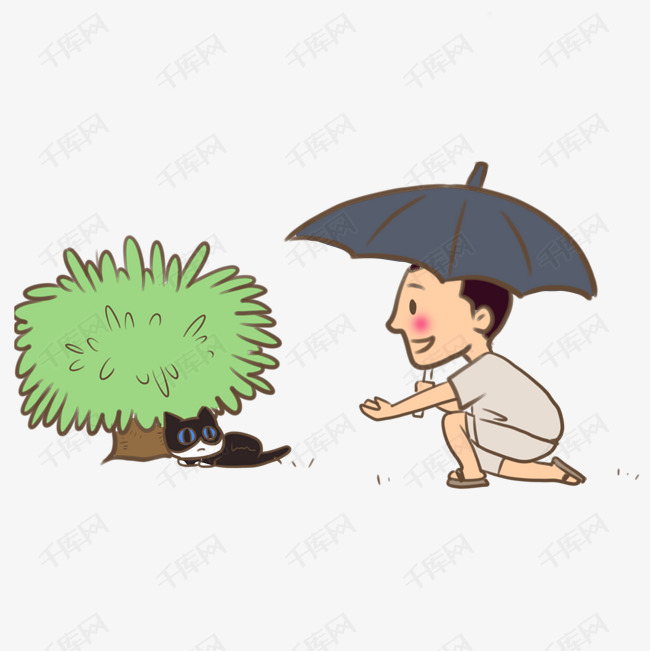 下雨天捡到可爱流浪猫卡通插画