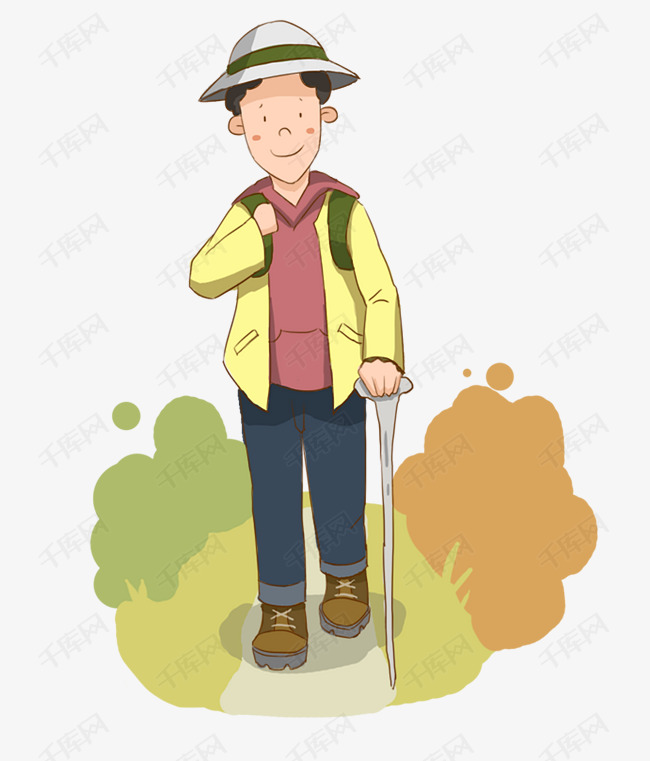 手绘登山徒步旅行人物插画