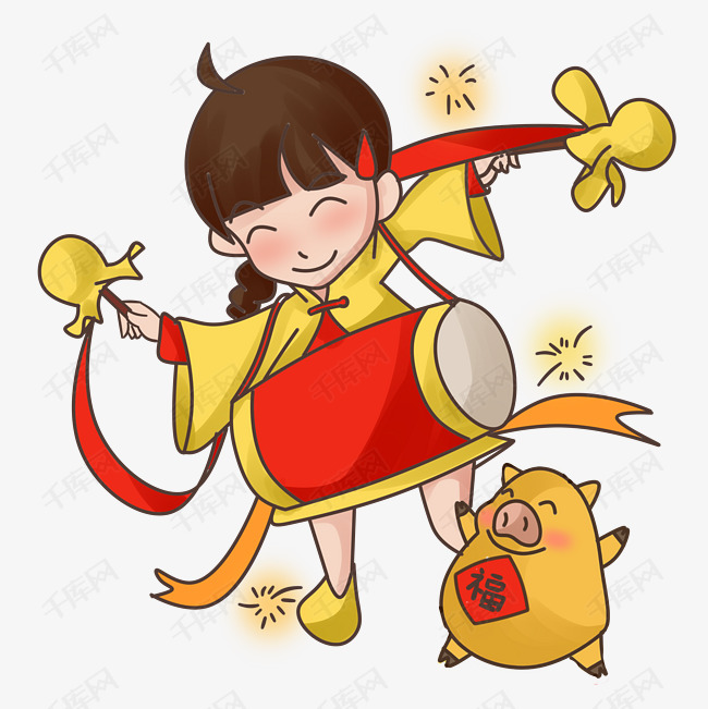 新年喜庆女孩打腰鼓插画