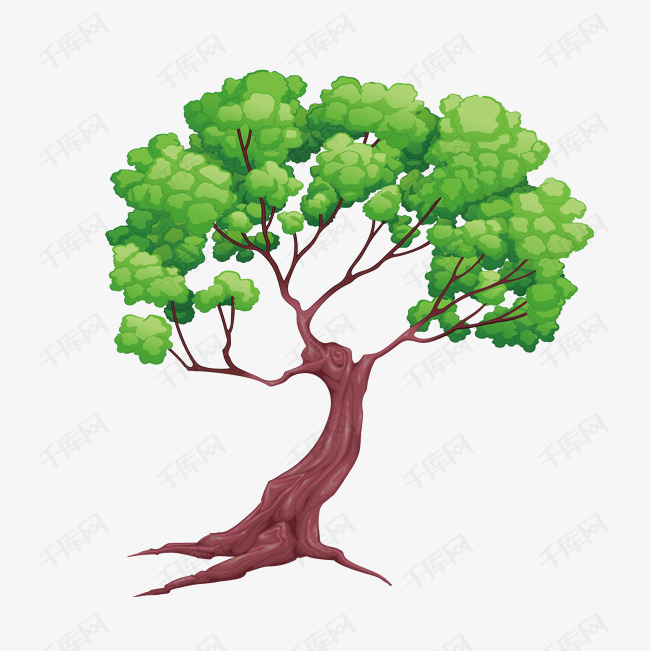 卡通手绘绿色的大树的素材免抠卡通手绘水彩绿色褐色植物大树