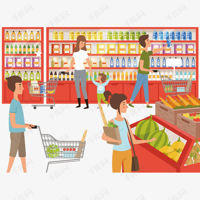 很多正在超市购物的人们的素材免抠超市购物购物车购物矢量图购物png