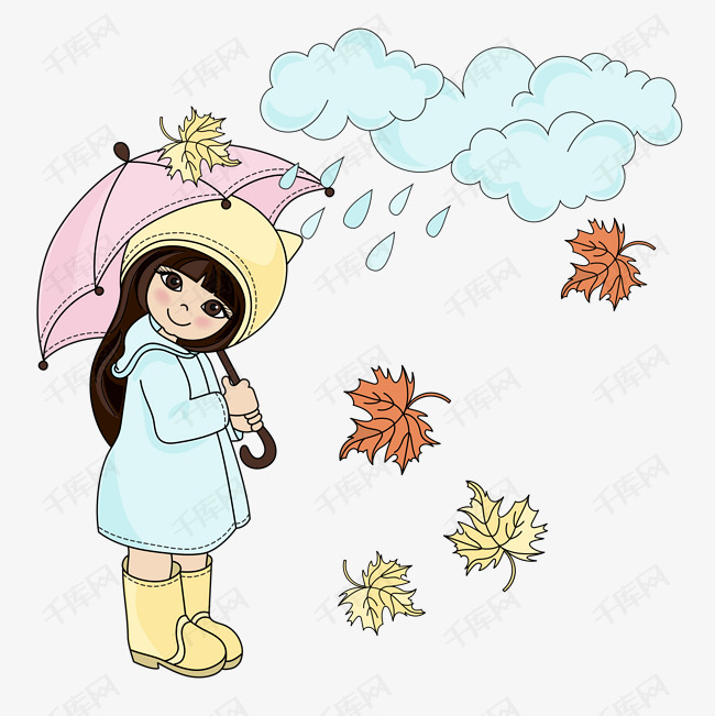 冬季冬天深秋下雨撑伞的女孩落叶插画